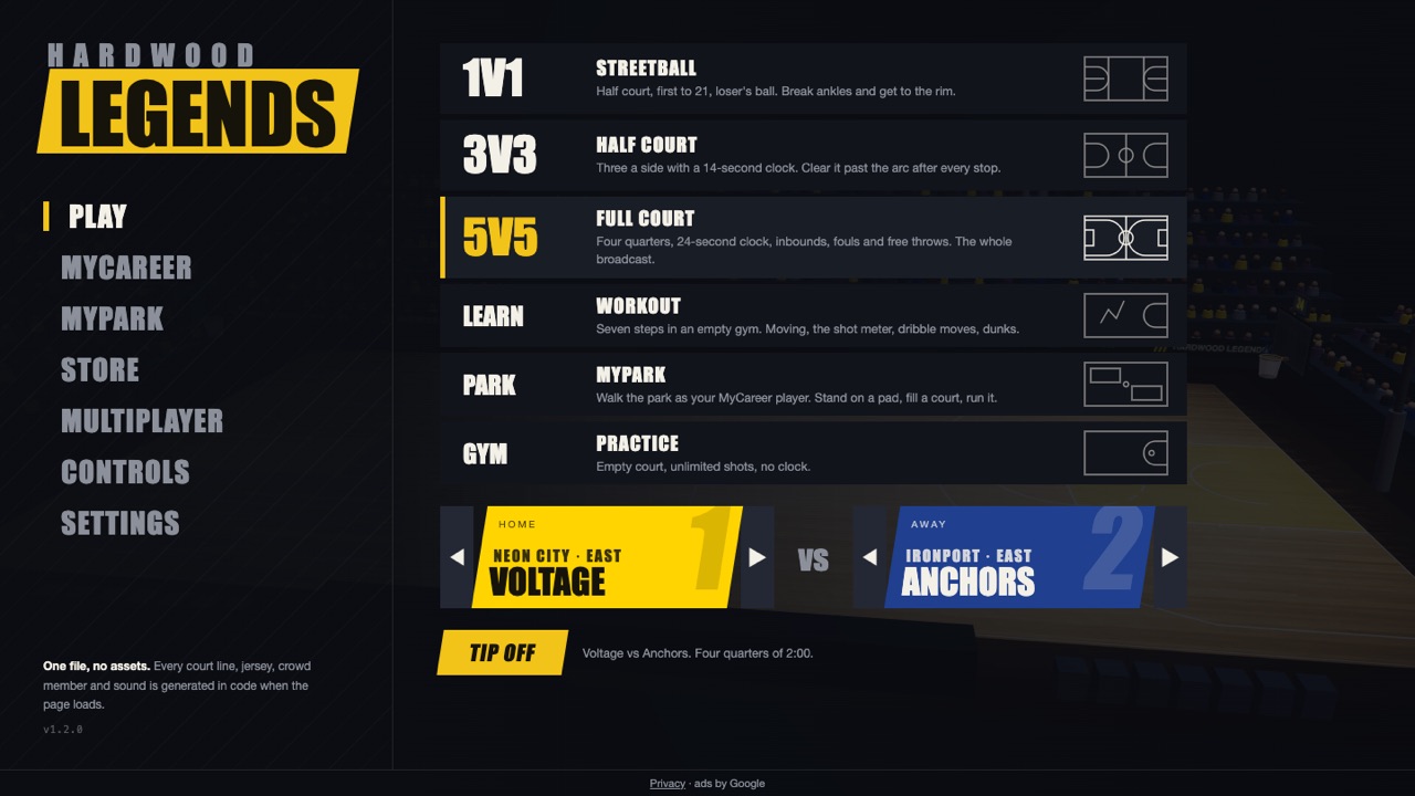 The Hardwood Legends main menu, listing game modes and a team picker.