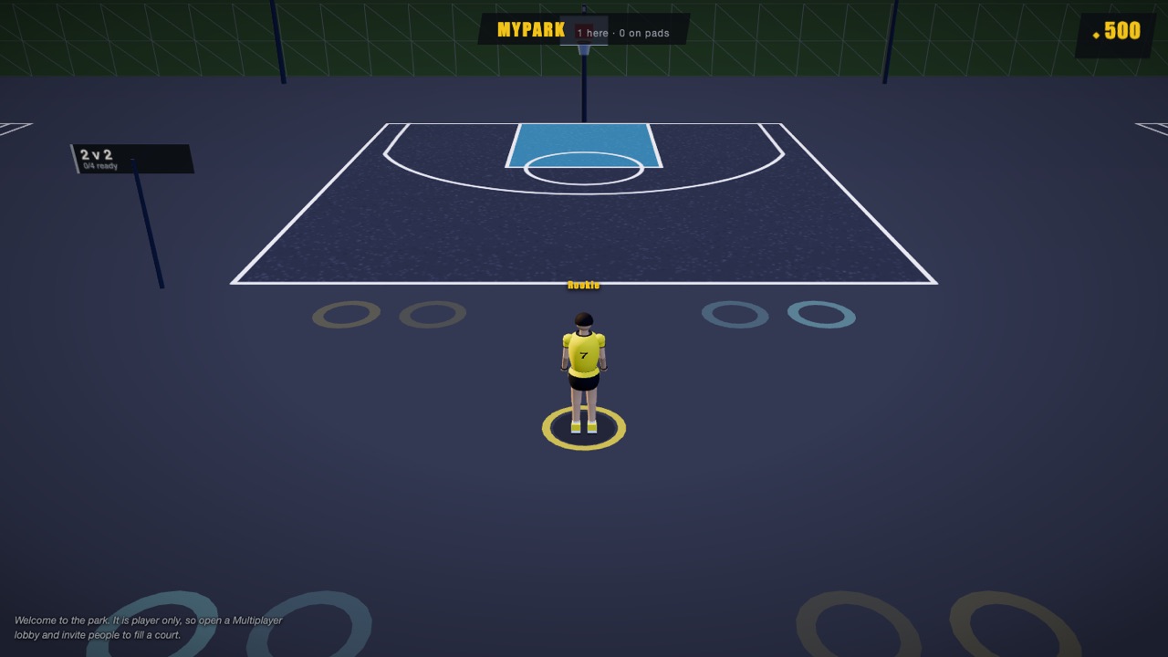 MyPark at night: a floodlit outdoor half court with team pads marked on the ground.