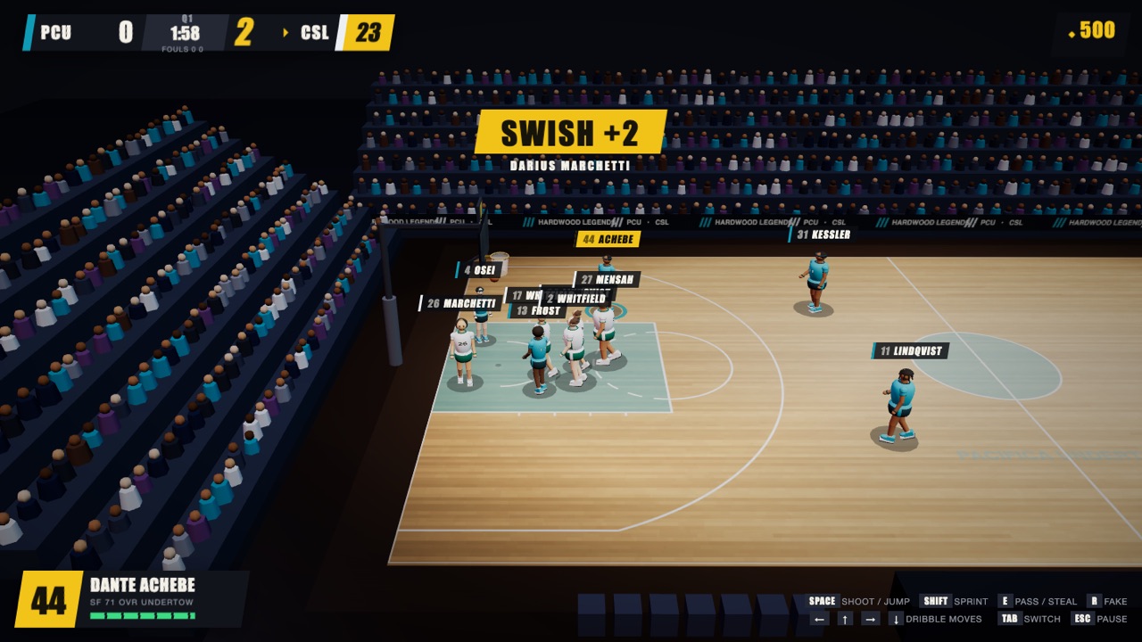 A 5v5 possession in Hardwood Legends: a made jumper, the crowd in the stands behind, player name tags over the court.